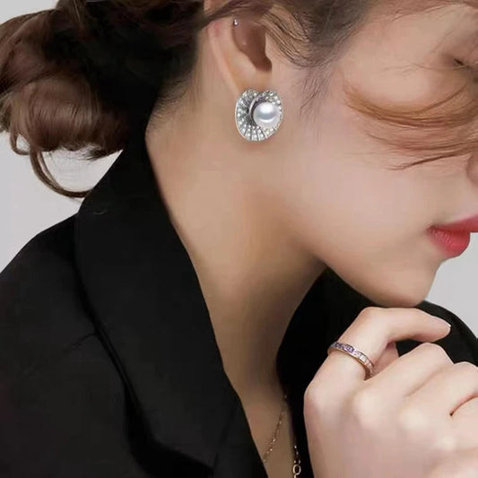 Akoya Pearl Earrings – 8-9mm Natural Freshwater, Conch Shape with Zircon