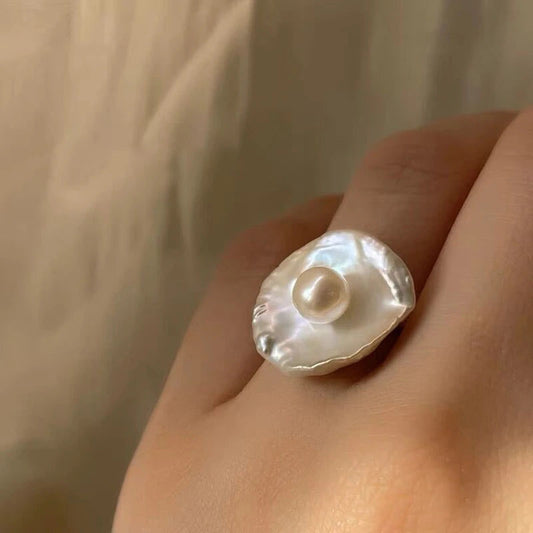 French Baroque Petal Ring – Irregular Pearl, S925 Sterling Silver, Adjustable