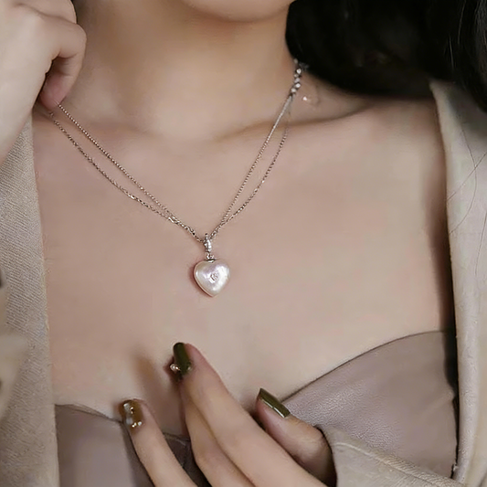 Heart Shape Baroque Pearl Pendant Necklace – S925 Silver Double Chain