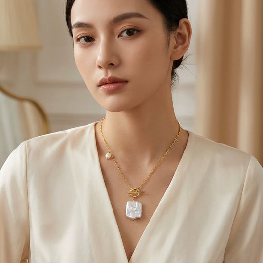 Square Baroque Pearl Pendant Necklace