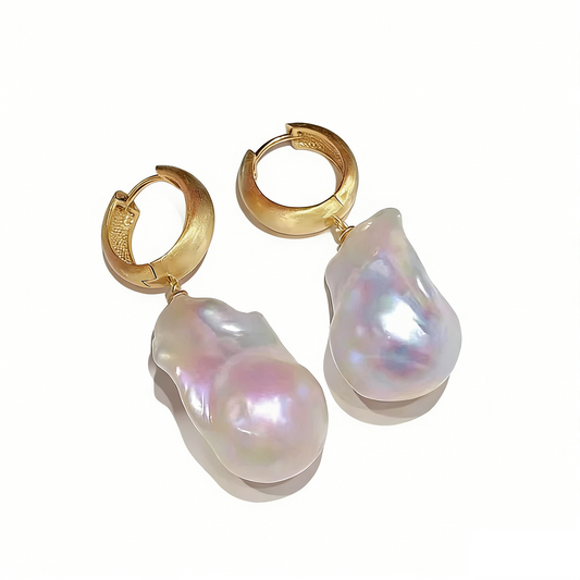 Aurora White Baroque Pearl Earrings – S925 Sterling Silver, 15-28mm Natural Freshwater