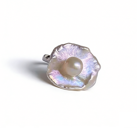 French Baroque Petal Ring – Irregular Pearl, S925 Sterling Silver, Adjustable