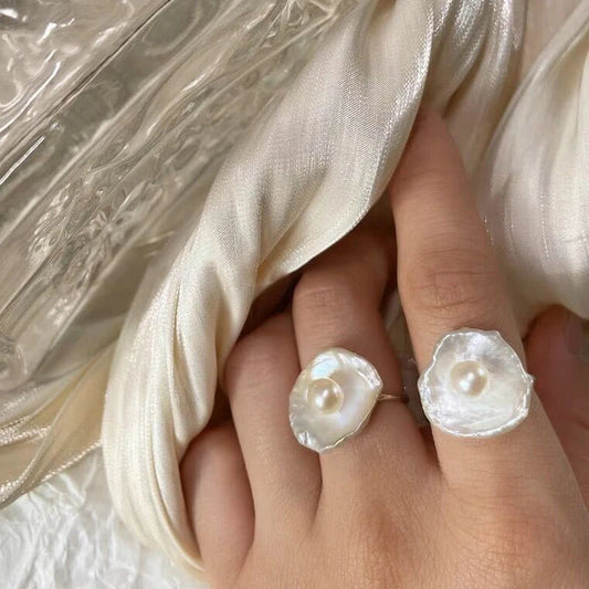 French Baroque Petal Ring – Irregular Pearl, S925 Sterling Silver, Adjustable