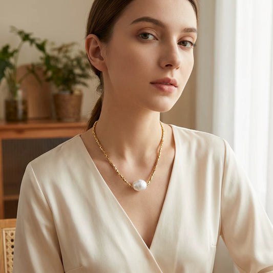 Nugget Chain Big Pearl Choker Necklace